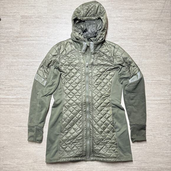 Athleta Rock Springs Puffer Jacket Coat Hooded L Army Green Removable Lining - Picture 1 of 11